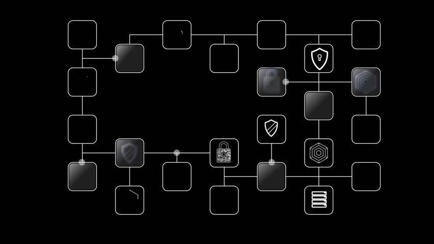 Cg footage on black background, squares connected by lines and dots. In some squares, symbols of protection and storage of information appear. An integral part of the modern world.