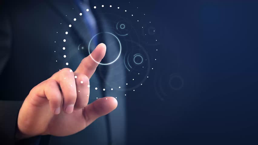 Cg footage around the finger of a man with a light dot rotating circles and moving dots. Technological animated background Royalty-Free Stock Footage #3438506245