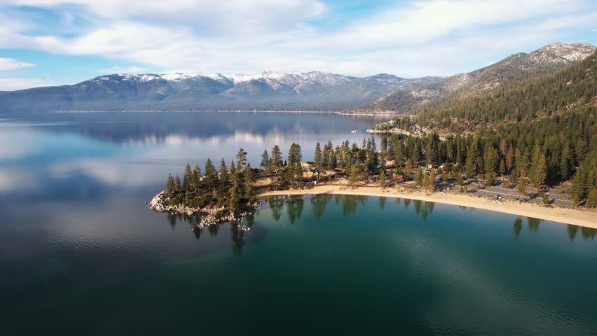 Lake Tahoe, San Harbor Park, Nevada USA, Drone Shot of Idyllic Landscape, Calm Water and Pines