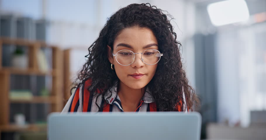 Woman, living room and laptop in home for remote work, creative blog or online research. Female person, freelancer and smile with technology for internet, networking and communication in house