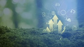 Cg footage on the background of green moss and blurred sun glare moving symbols of environmental themes - Powered by Shutterstock - Get 15% off with code: PIKWIZARD15