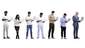 A group of people, full-length, on a white background, using a laptop