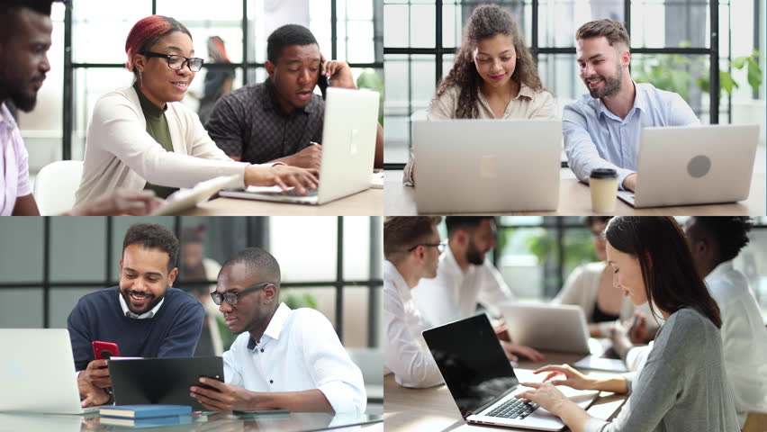 Collage of business people using technology in the office Royalty-Free Stock Footage #3438546507