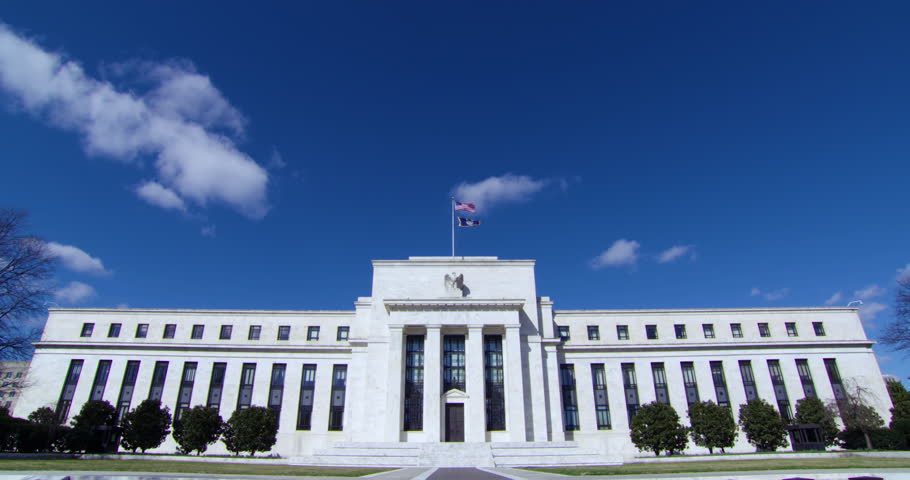 Head On - The Marriner S. Eccles Federal Reserve Board Building are the offices of the Board of Governors of the United States Federal Reserve System in Washington, D.C.  Royalty-Free Stock Footage #34385674