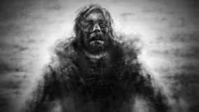 Praying man looks up and sees arrows flying at him. Scary 2d animation. Horror and battle fantasy movie. Punishment of gods. Spooky visions of hell. Animated 4K video clip nightmares. Dark ghosts. 