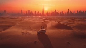 a car is driving through the desert at sunset with a city in the background. Couple of tourists stands on a car roff and looks on Dubai city silhouette at sunset. - Powered by Shutterstock - Get 15% off with code: PIKWIZARD15