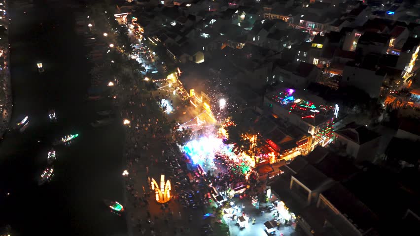 Aerial Fireworks over Hoi An, Vietnam New Years Tet Fest Royalty-Free Stock Footage #3438677821