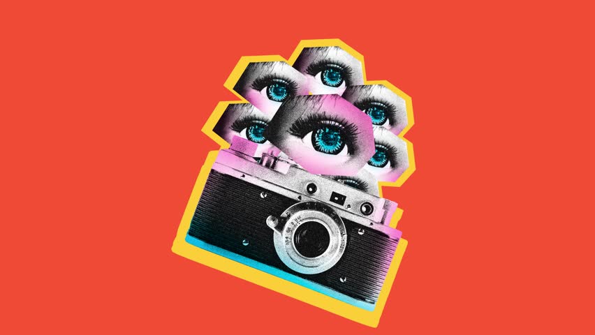 Stop motion. Modern creative animation. Vintage photo camera with a lot of baby-doll eyes isolated orange background. Image in old paper style. Concept of youth culture, retro, technology.