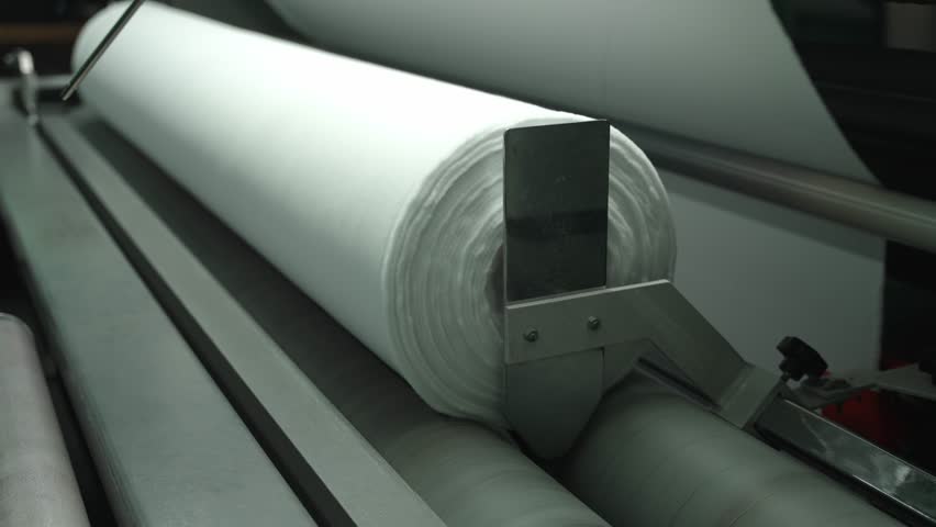 Textile Fabric Roll in Production Process. Concept of Textile Manufacturing. Detailed view of fabric roll in industrial textile machine.