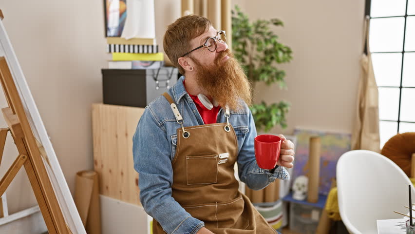 Confident young redhead man artist, a smile on his face, enjoying a cup of coffee amidst a sea of brushes and paints in his art studio