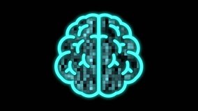 Cg footage on a black background, a symbol identified as a human brain, neon turquoise color, in a flashing cage