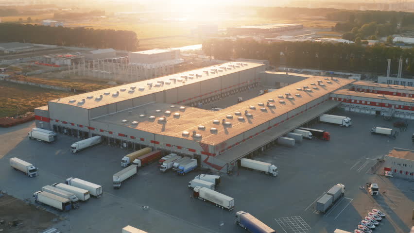 Aerial all-round view of a logistics park with a warehouses. Loading hub with many semi trucks with cargo trailers standing at ramps for load and unload goods at sunset Royalty-Free Stock Footage #3438923195