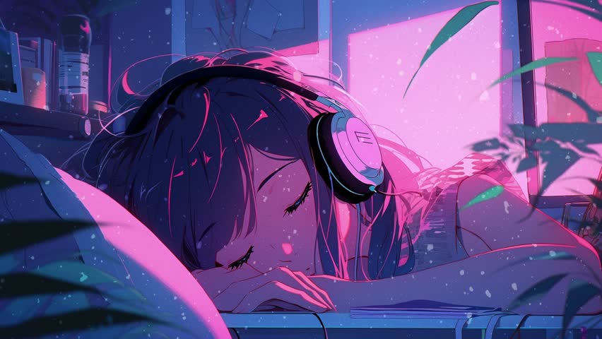 Purple neon-colored illustration video with a Lofi Art anime. A girl sleeps on her stomach at a desk with her headphones on, listening to music.  Royalty-Free Stock Footage #3438942789