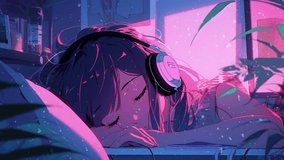 Purple neon-colored illustration video with a Lofi Art anime. A girl sleeps on her stomach at a desk with her headphones on, listening to music. 