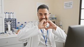 Cheerful young hispanic male scientist in lab uniform, joyfully crafting a heart shape symbol with his hands over computer, radiating love in laboratory - a romantic concept. - Powered by Shutterstock - Get 15% off with code: PIKWIZARD15
