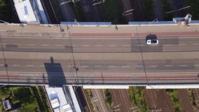 Berlin Bridge S-Bahn railroad cars summer. Amazing aerial top view flight drone