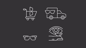 Eye protection animation library. Delivering glasses and lens animated white line icons. Vision correction, healthcare. Isolated illustrations on dark background. Transition alpha. HD video. Icon pack