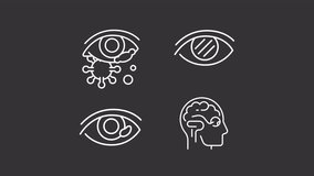 Eye diseases animation library. Perception disorders animated white line icons. Information processing. Isolated illustrations on dark background. Transition alpha. HD video. Icon pack