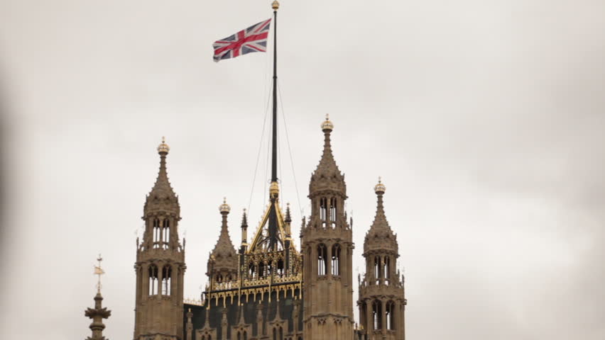 Low angle view of the top part of the Victoria tower at Westminster palace in
