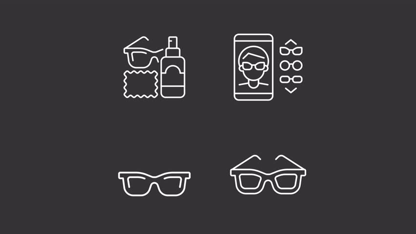 Lens maintenance animation library. Glasses try on animated white line icons. Assortment of glasses. Cleaning care kit. Isolated illustrations on dark background. Transition alpha. HD video. Icon pack Royalty-Free Stock Footage #3439028445