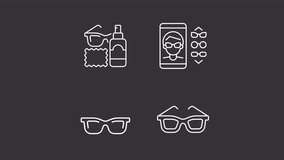 Lens maintenance animation library. Glasses try on animated white line icons. Assortment of glasses. Cleaning care kit. Isolated illustrations on dark background. Transition alpha. HD video. Icon pack