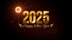 Festive Happy New Year 2025 Golden Glossy Metal Texture Lettering Design Shimmering Particles Reveal On Brown Shiny Optical Light Flare Snowflakes Falling Background, Last 10 Seconds Seamless Loop - Powered by Shutterstock - Get 15% off with code: PIKWIZARD15