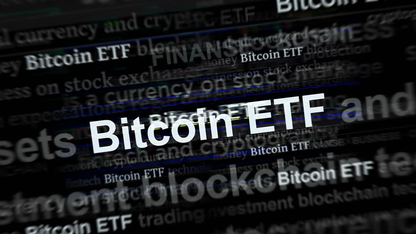 Bitcoin ETF BTCETF fund investment headline news across international media. Concept of news titles on noise displays loop. TV glitch effect seamless and looped.