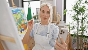 Confident young blonde woman artist drawing during a video call, engrossed in a joyful class indoors at the art studio, deftly wielding brush and palette