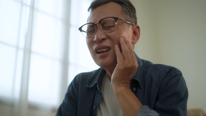 Asian senior man suffering from toothache, tooth problem in elderly man, hurt and pain face, older man holding on cheek with painful, dentist care, unhappy man with inflammation symptom in mouth Royalty-Free Stock Footage #3439109371
