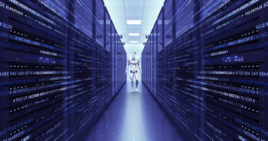 Flowing Data In A Modern Server Room. Confident Robot Walking. Technology Related 3D Animation. Royalty-Free Stock Footage #3439119643