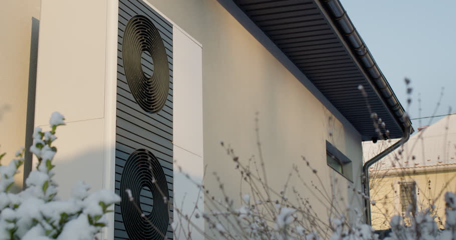 Heat pump near a modern cottage. Modern technologies in heating
