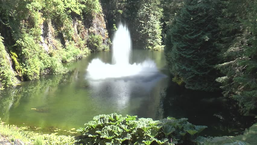 Dancing fountain. Beautiful fountains in Butchart Garden. Canada. The famous gardens of Butchert on Victoria Island. Victoria. British Columbia.