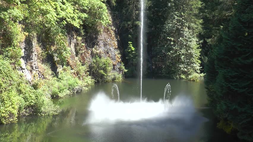 Dancing fountain. Beautiful fountains in Butchart Garden. Canada. The famous gardens of Butchert on Victoria Island. Victoria. British Columbia.