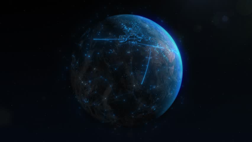 A rotating Earth from space, blue city lights. The moving lines crisscrossing the globe symbolize a global network connection, data transfer animations integral to web network and internet technology.