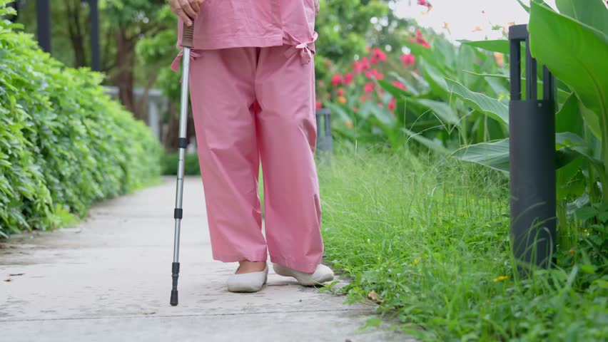 Retirement elderly old patient asian women use cane and walking in hospital outdoor park After rehabilitation and the illness has healed. healthy strong medical concept. Royalty-Free Stock Footage #3439253475