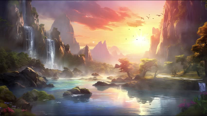 Mystical Waterfall in a Fantasy Landscape