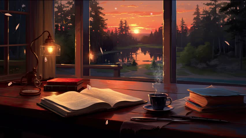 Cozy Evening: Open Book with Coffee on Lakeside Window Sill at Sunset Royalty-Free Stock Footage #3439300213