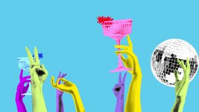 Modern animation. Stop motion. Raising hands holds cocktails and hitting disco ball against pastel retro background. Bright comics style design. Concept of disco, party, retro fashion, happy and fun. - Powered by Shutterstock - Get 15% off with code: PIKWIZARD15