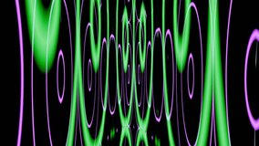Seamless loop Moving random purple green circles. Psychedelic wavy animated abstract curved shapes. 4k resolution 3d render. Yoga kaleidoscope. Seamless loop video perfect for VJ thematic sets