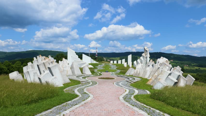 View of the Kadinjača Memorial Complex in Serbia. World War 2 monument. Royalty-Free Stock Footage #3439362307