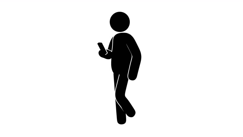 Pictogram man walking with a smartphone in his hand. Stickman uses a smartphone on the go. Looped animation with alpha channel