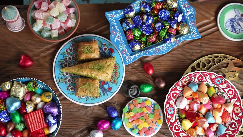 Turkish Coffee in Colorful Eid Candy and Chocolate, Traditional Ottoman Cuisine Desserts, Turkish Delight and Baklava, Eid Candy Treat Video, Üsküdar Istanbul, Turkiye (Turkey)
