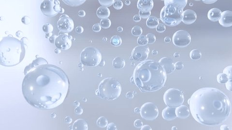 Cosmetics 3D animation of many atoms floating in water. Liquid bubbles with particles, cosmetic essence, and water background. 库存视频