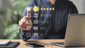 Satisfied customer review online,man at computer rating website experience using a virtual touch screen interface,person at the laptop giving a positive five stars feedback graphic illustration - Powered by Shutterstock - Get 15% off with code: PIKWIZARD15