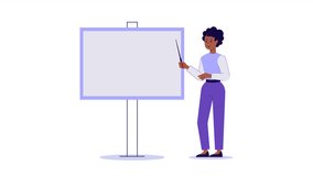 Woman character stands at empty flip chart board for presentation and points at it. copy space for text. mouth narration, lip sync. 2d modern cartoon style animation. template for explainer video - Powered by Shutterstock - Get 15% off with code: PIKWIZARD15