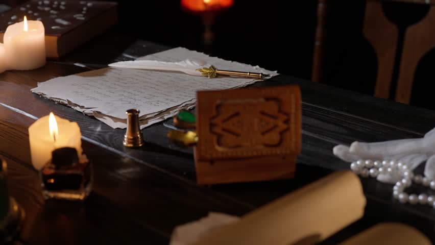Shot of the desk with aged paper sheets and feather pen. Vintage quill pen laying on old parchment papers, inkwell and lighted candles around.