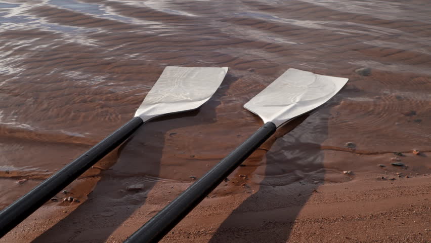 blades of hatchet sculling oars on a sandy lake beach Royalty-Free Stock Footage #3439565125