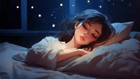 2D animation, anime girl falls asleep after a hard day. Anime heating background video