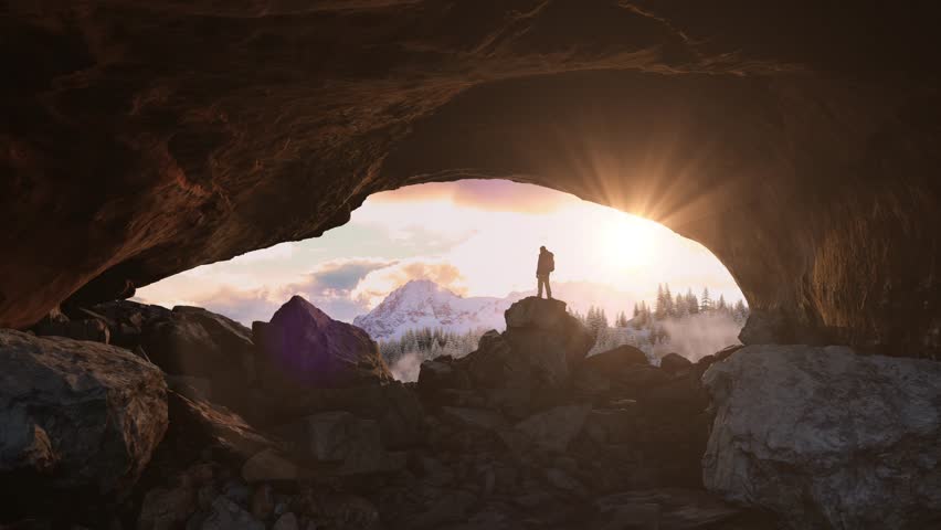 Adventurous Man Hiker, rocky cave, snowy mountain view. Adventure Composite. 3d Rendering. Aerial Image of landscape from BC, Canada. Sunset Royalty-Free Stock Footage #3439683481