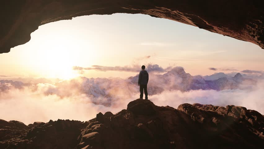 Adventurous Man Hiker in cave, snowy mountain view. Adventure Composite. 3d Rendering. Aerial Image of landscape from BC, Canada. Sunset Royalty-Free Stock Footage #3439684797